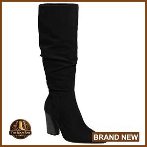 Faux Suede Knee High Boots Pointed Toe Chunky Heel Side Zipper